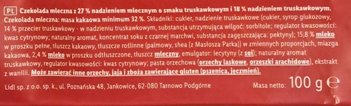 Czekolada mleczna nadziewana truskawkowa Fin CARRÉ kalorie kJ i