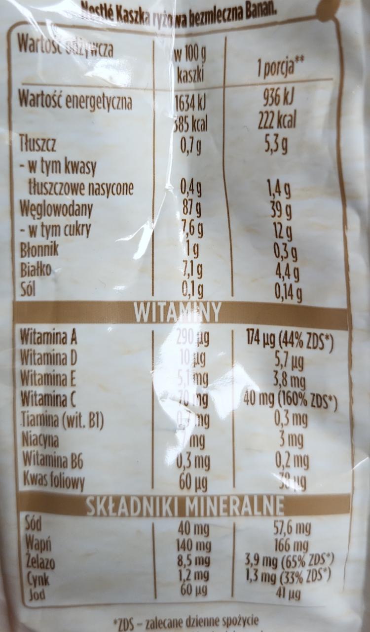 Nestlé Kaszka ryżowa bezmleczna banan po 4 miesiącu 170 g kalorie