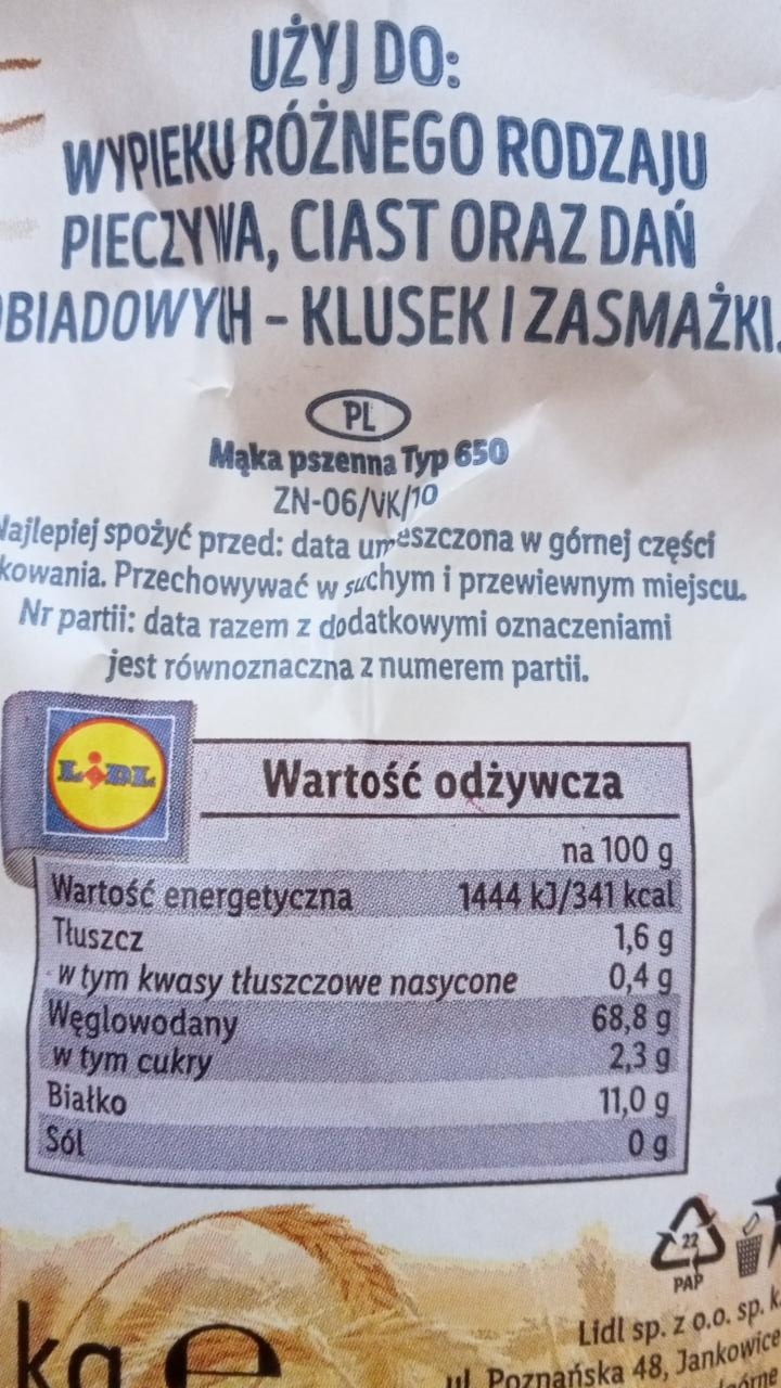 Mąka pszenna młyńska typ 650 Lidl kalorie kJ i wartości odżywcze