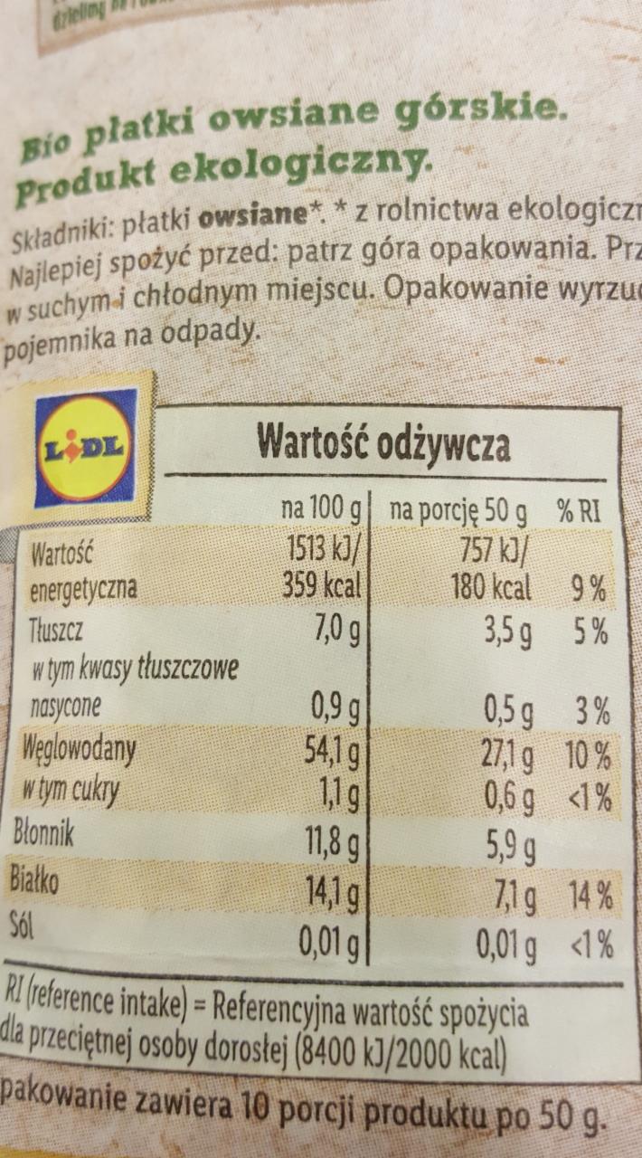 Płatki owsiane górskie bio organic Crownfield kalorie kJ i wartości