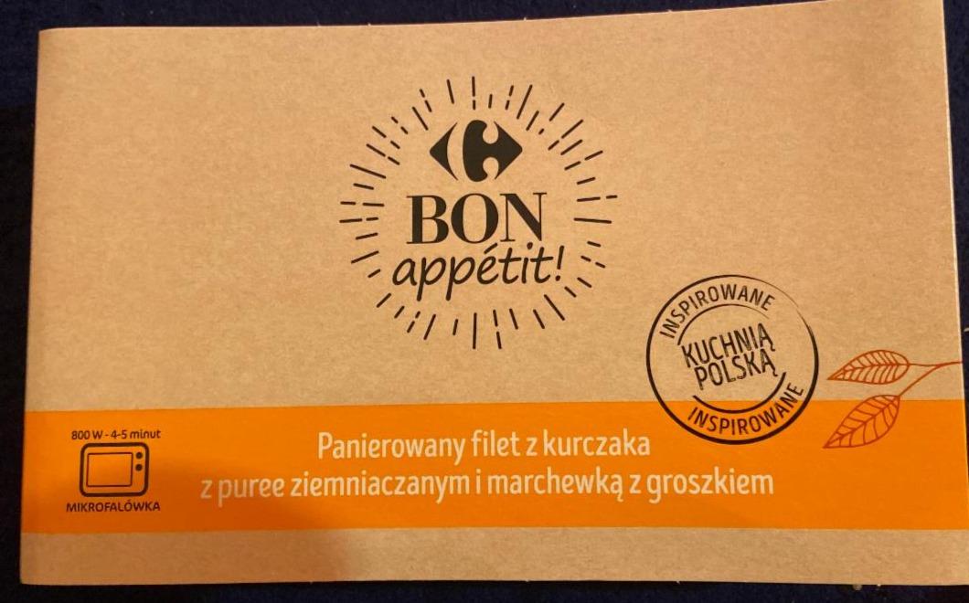 Zdjęcia - Panierowany filet z kurczaka z puree ziemniaczanym i marchewką z groszkiem Carrefour Bon appetit