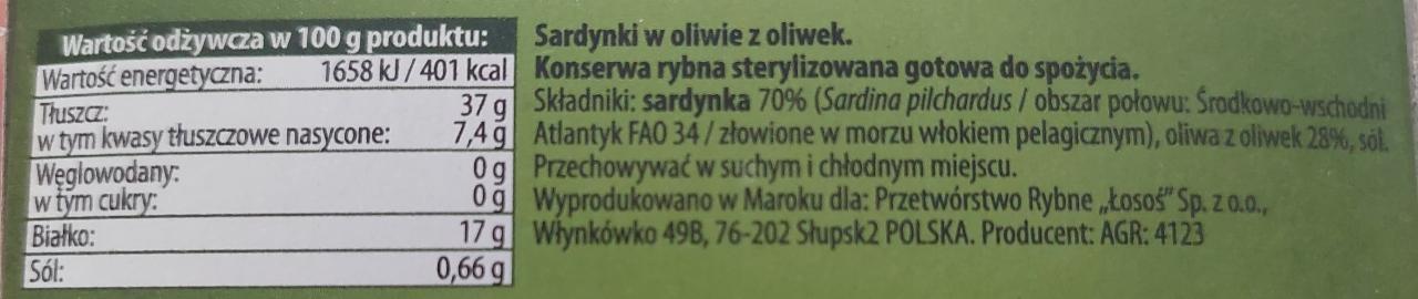 Sardynki w oliwie z oliwek Łosoś Ustka kalorie kJ i wartości odżywcze Dine4Fit pl