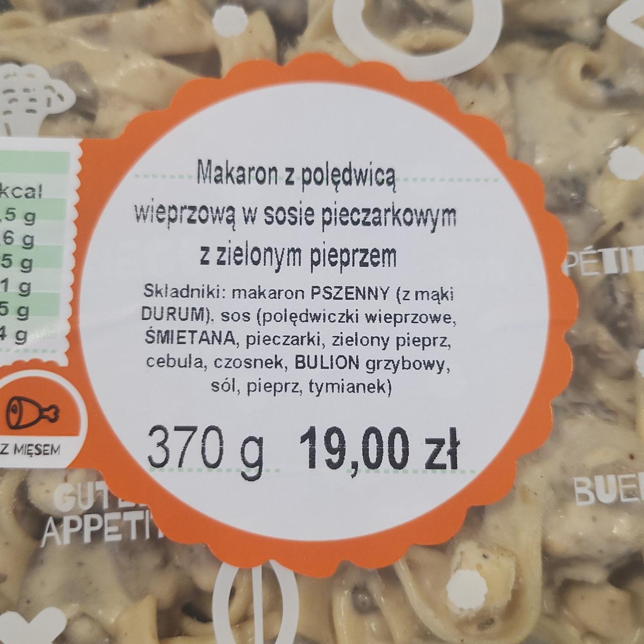 Zdjęcia - makaron z polędwicą wieprzową w sosie pieczarkowym z zielonym pieprzem Ślimak