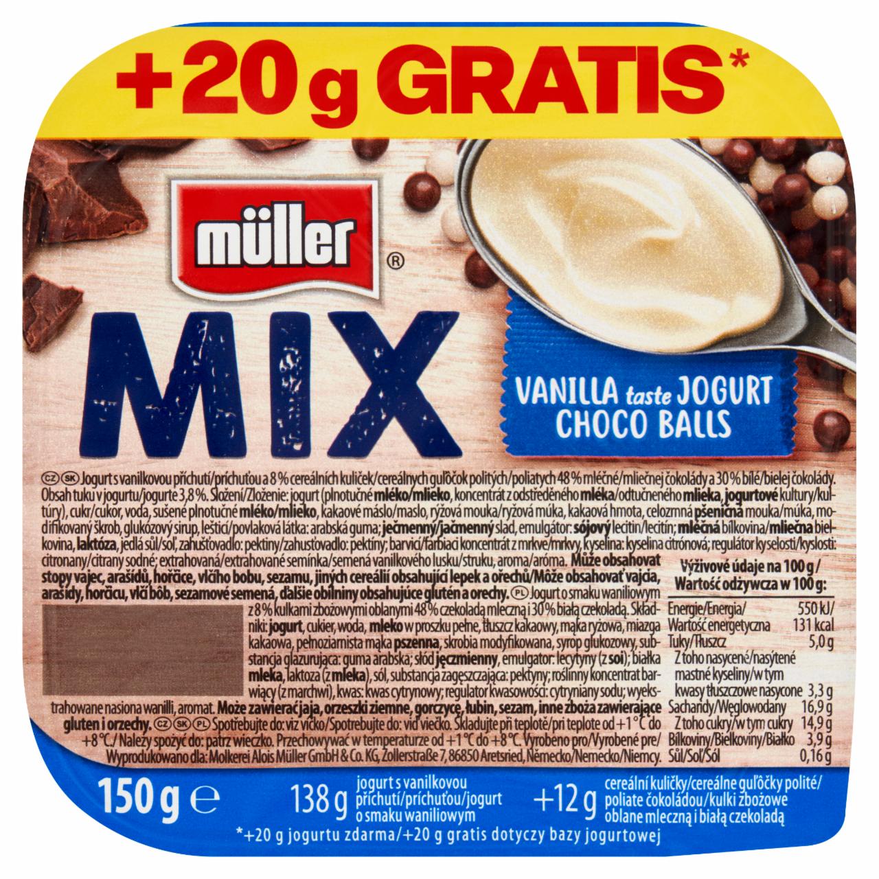 Zdjęcia - Müller Mix Jogurt o smaku waniliowym z kulkami zbożowymi oblanymi czekoladą mlecznej i białą 150 g