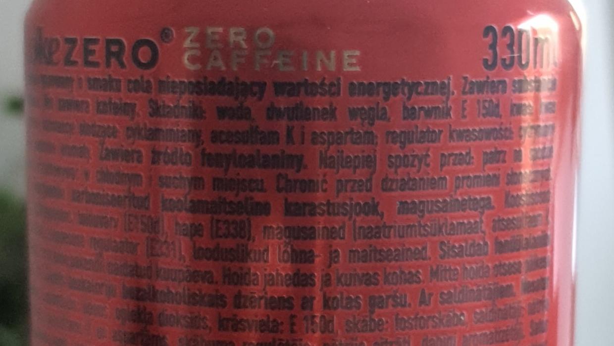 Coca Cola Zero Sugar Zero Caffeine Kalorie Kj I Wartości Odżywcze Dine4fitpl 3030