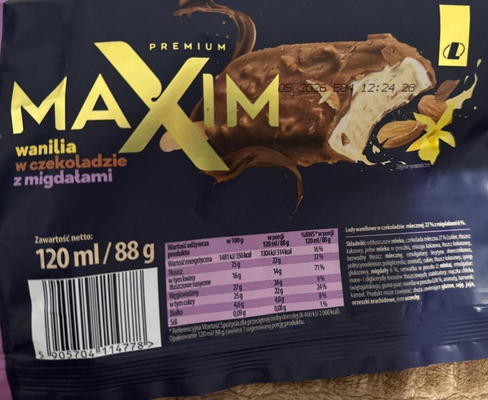 Zdjęcia - lody waniliowe w czekoladzie mlecznej z migdałami premium maxim