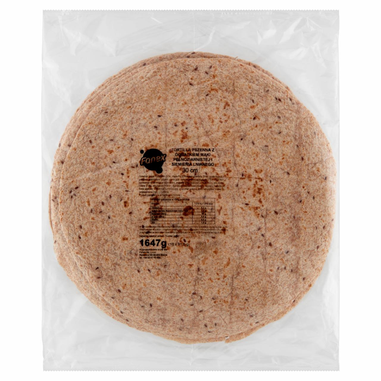 Zdjęcia - Fanex Tortilla pszenna dodatek mąki pełnoziarnistej i siemienia lnianego 30 cm 1647 g (18 x 91,5 g)