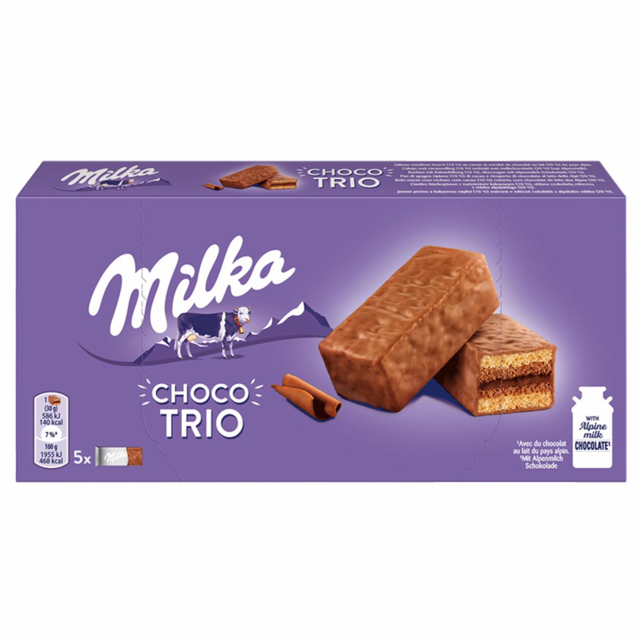 Zdjęcia - Milka Choco Trio Ciastko biszkoptowe z nadzieniem kakaowym oblane czekoladą mleczną 150 g (5 sztuk)