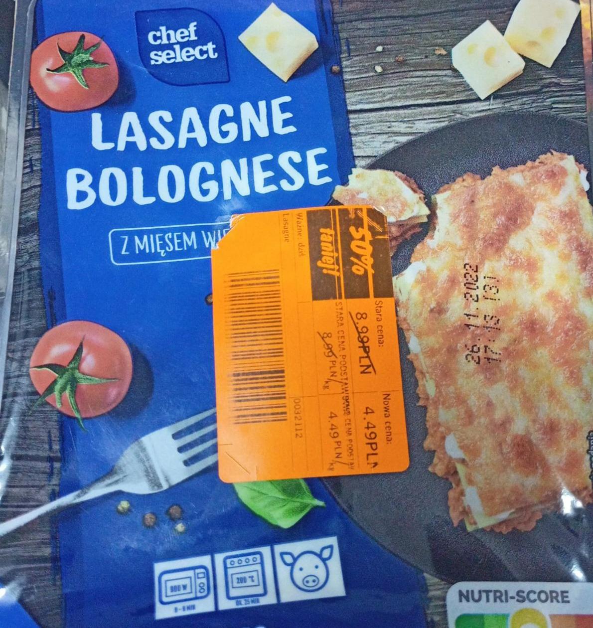 Lasagne bolognese z Select wieprzowym Chef mięsem wartości kalorie, i kJ odżywcze 
